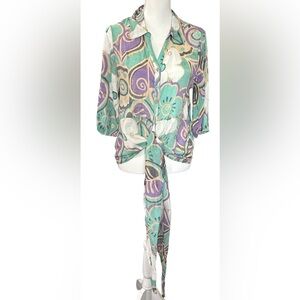Vibrant Floral Tie-Front Blouse size L NWOT